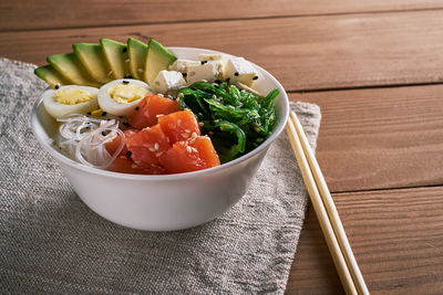 High angle view of meal served in bowl on table