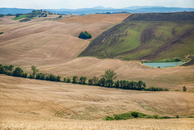 Agricultural panorama of asciano area during harvest time, siena province, tuscany, italy