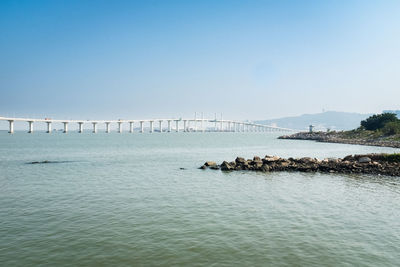 Scenic view of sea against clear blue sky