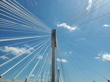 Low angle view of suspension bridge against sky