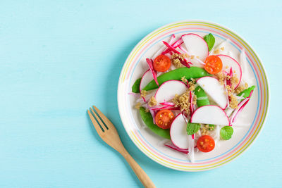 High angle view of breakfast served on table