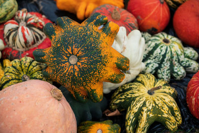 Close-up of pumpkins for sale at market stall