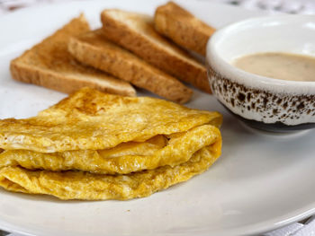 High angle view of bread in plate on table