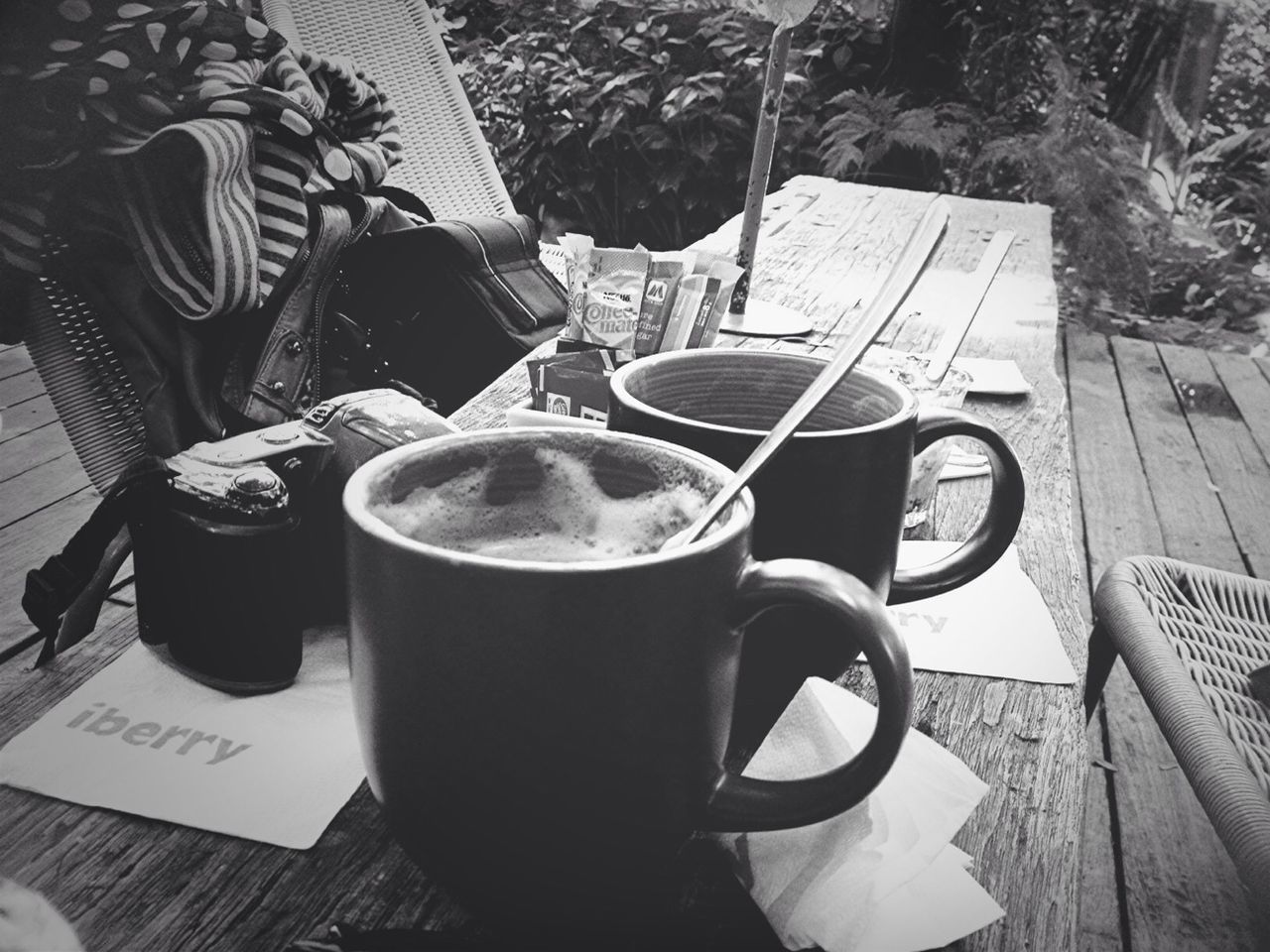 drink, food and drink, table, coffee cup, refreshment, coffee - drink, freshness, coffee, still life, chair, cup, saucer, cafe, spoon, food, day, indoors, high angle view, absence, healthy eating