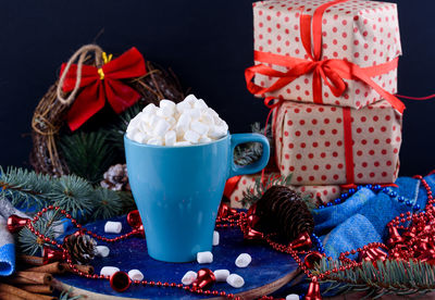 Close-up of christmas decorations on table