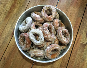 High angle view of meat in bowl on table