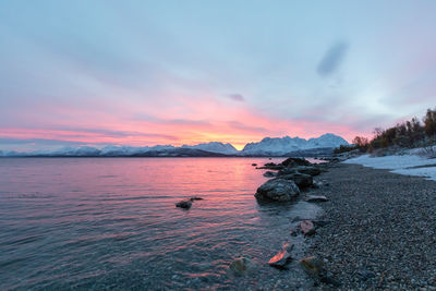 Scenic view of lake against sky during sunset