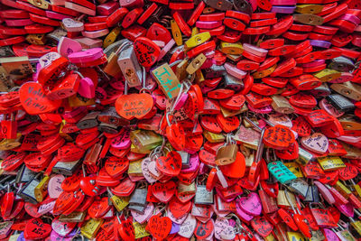 Full frame shot of multi colored umbrellas hanging at market stall