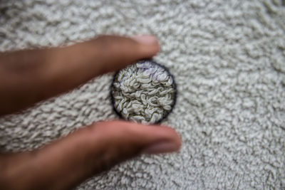 Close-up of human hand on rug