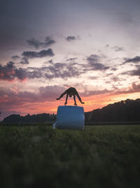 Silhouette person on field against sky during sunset