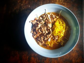 High angle view of meal served on table