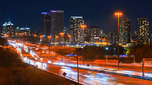 High angle view of illuminated city at night