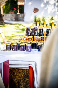 Close-up of wine bottles on table