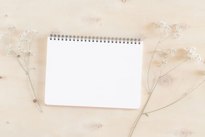 Directly above shot of blank spiral notebook and flowers on beige background