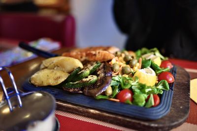 Close-up of food served on table