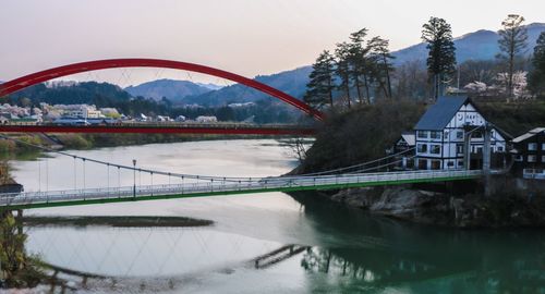 Bridge over river with city in background