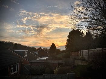 Houses and trees against sky during sunset