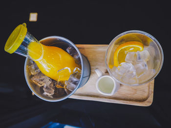 High angle view of drink on table