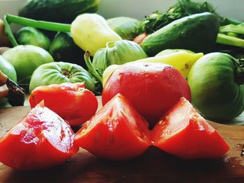 Close-up of chopped tomatoes on table