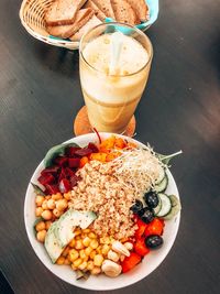 High angle view of breakfast served on table