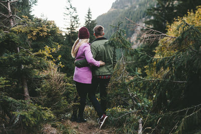 Rear view of people walking on street amidst trees in forest