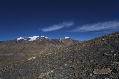 Scenic view of snowcapped mountains against blue sky