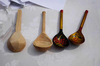 High angle view of objects on table