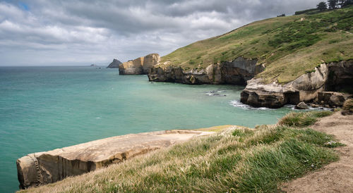 Coast with sandstone cliffs on an overcast day. tunnel beach, dunedin, otago peninsula, new zealand