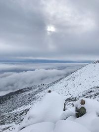 Scenic view of snow covered mountains against sky