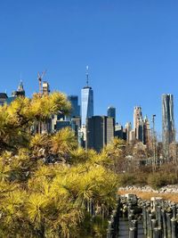 View of buildings against clear blue sky