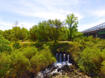 Scenic view of waterfall against sky