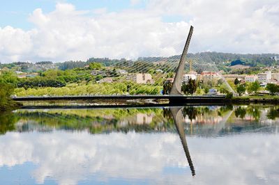 Reflection of trees in lake against sky in city