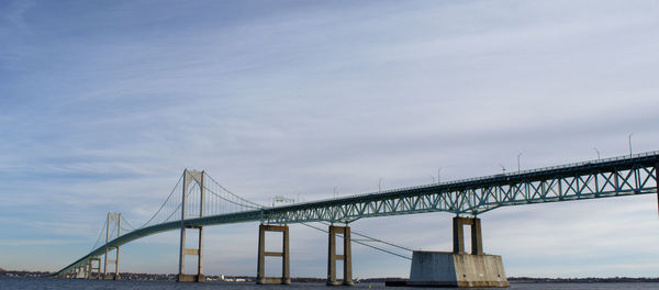Low angle view of suspension bridge against cloudy sky