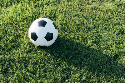 High angle view of soccer ball on field