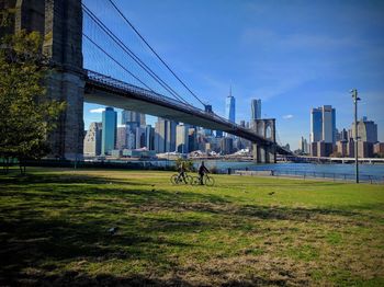 View of suspension bridge in city