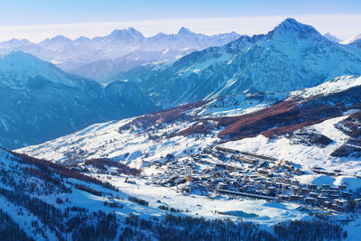 Aerial view of snowcapped mountains against sky