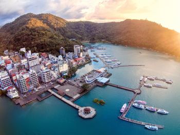 Aerial view of cityscape by sun moon lake 