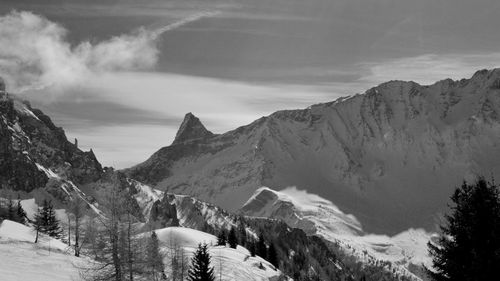 Panoramic view of snowcapped mountains against sky