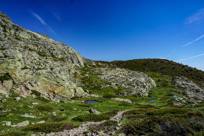 Scenic view of rocky mountains against blue sky