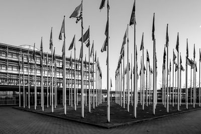 Low angle view of flags on field against clear sky