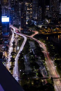 High angle view of illuminated city at night