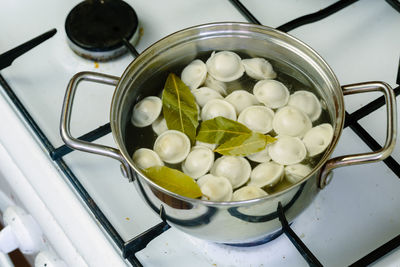 High angle view of eggs in container