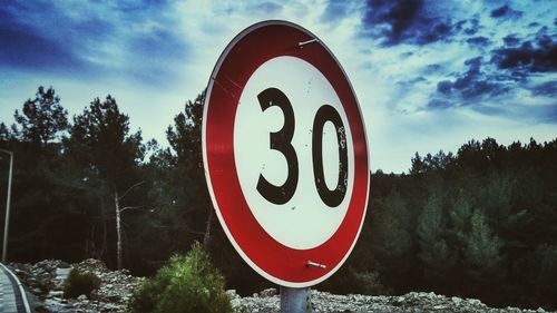 Low angle view of road sign against clear sky