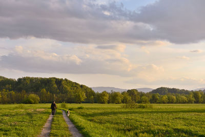 Rear view of man with dog walking on trail against cloudy sky during sunset
