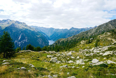 View to the lago del sambuco from the corte della sassina alp, ticino, switzerland