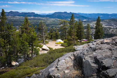 Scenic view of trees and mountains against sky