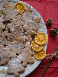 High angle view of cookies in plate on table