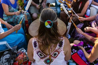 High angle view of people sitting outdoors