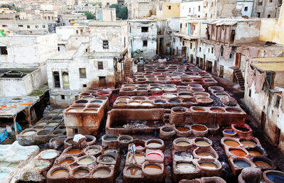 High angle view of tanneries in city