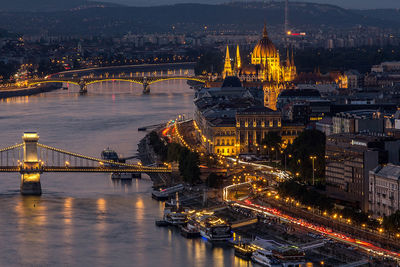 High angle view of illuminated hungarian parliament building at night